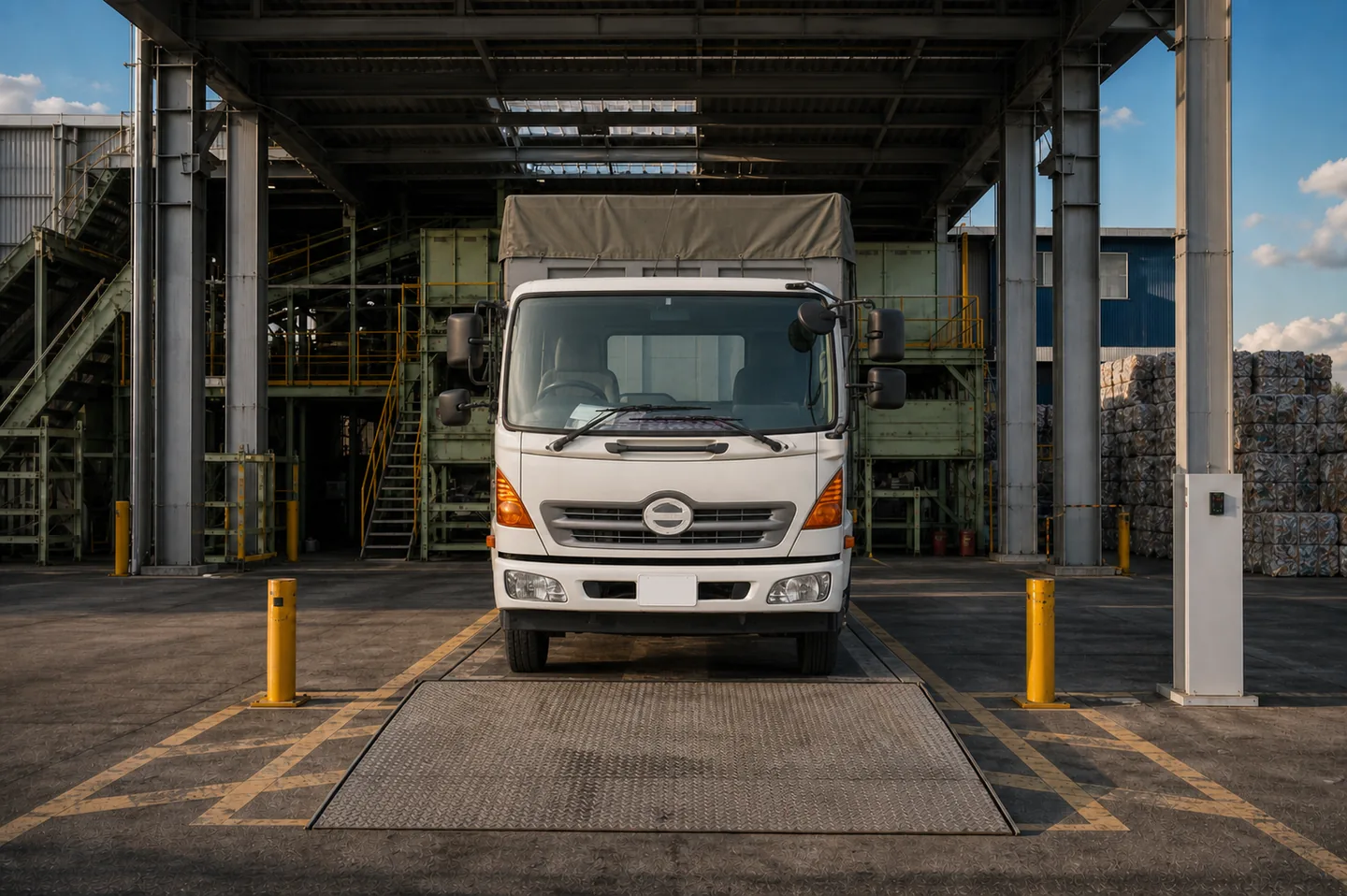 産業廃棄物処理施設のトラックスケール。計量台に乗ったトラックと、その脇の計量ブース