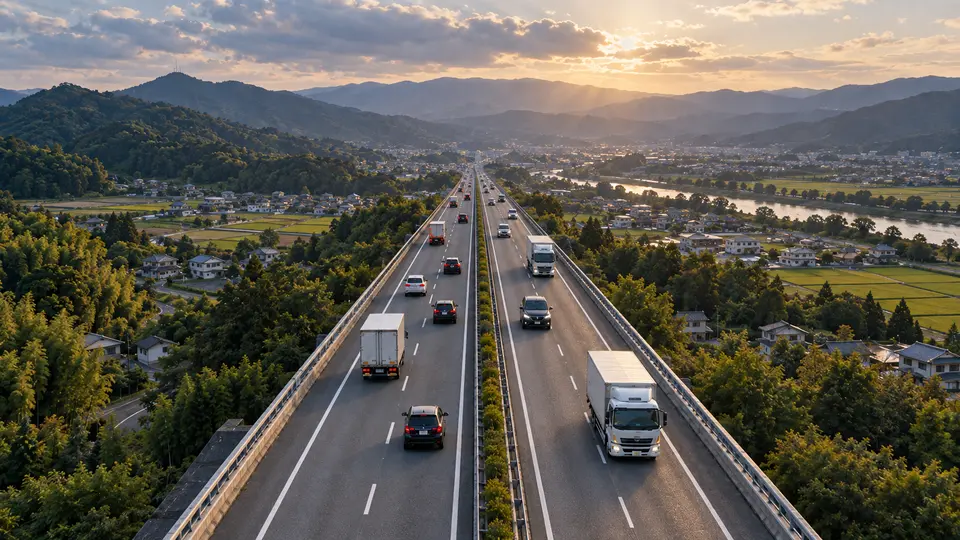 日本の高速道路を走るトラック。全国への配送ネットワークのイメージ